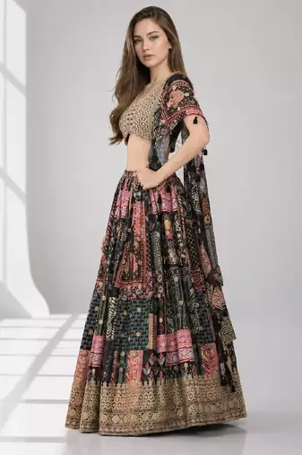 BLACK SEQUINS & EMBROIDERED CHINNON FESTIVAL LEHENGA CHOLI SET