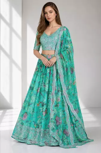 BLUE SEQUINS & EMBROIDERED DIGITAL PRINT ORGANZA FESTIVAL LEHENGA CHOLI SET