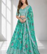 BLUE SEQUINS & EMBROIDERED DIGITAL PRINT ORGANZA FESTIVAL LEHENGA CHOLI SET