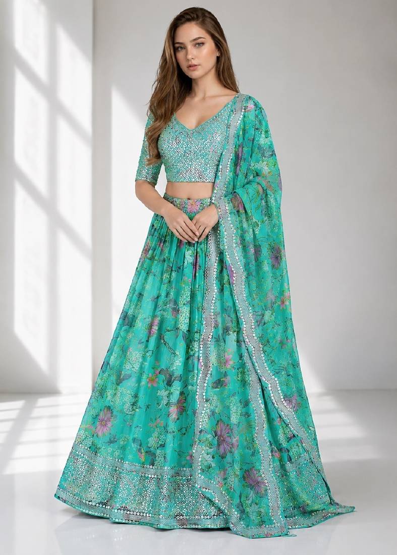 BLUE SEQUINS & EMBROIDERED DIGITAL PRINT ORGANZA FESTIVAL LEHENGA CHOLI SET