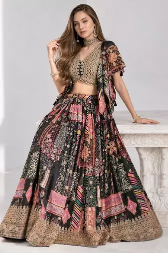 BLACK SEQUINS & EMBROIDERED CHINNON FESTIVAL LEHENGA CHOLI SET
