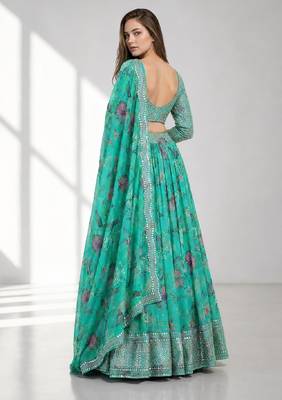 BLUE SEQUINS & EMBROIDERED DIGITAL PRINT ORGANZA FESTIVAL LEHENGA CHOLI SET 2