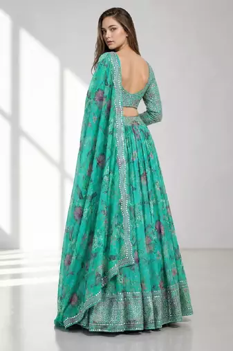 BLUE SEQUINS & EMBROIDERED DIGITAL PRINT ORGANZA FESTIVAL LEHENGA CHOLI SET