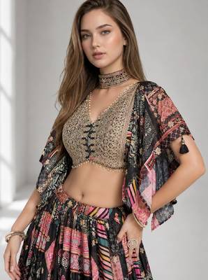 BLACK SEQUINS & EMBROIDERED CHINNON FESTIVAL LEHENGA CHOLI SET 5