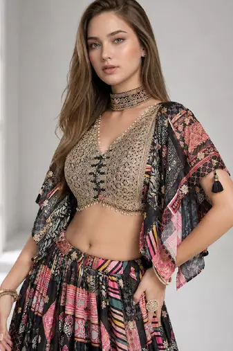 BLACK SEQUINS & EMBROIDERED CHINNON FESTIVAL LEHENGA CHOLI SET