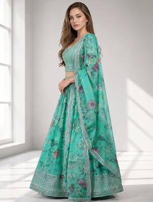 BLUE SEQUINS & EMBROIDERED DIGITAL PRINT ORGANZA FESTIVAL LEHENGA CHOLI SET 3