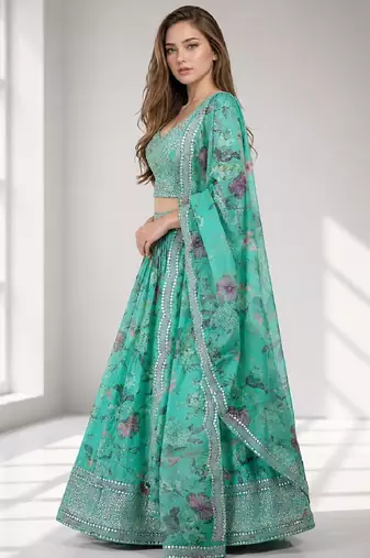 BLUE SEQUINS & EMBROIDERED DIGITAL PRINT ORGANZA FESTIVAL LEHENGA CHOLI SET