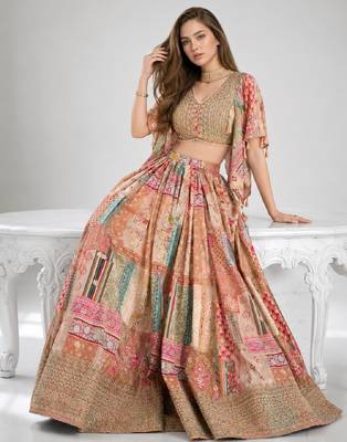 BEIGE SEQUINS & EMBROIDERED CHINNON FESTIVAL LEHENGA CHOLI SET 4