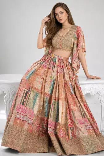 BEIGE SEQUINS & EMBROIDERED CHINNON FESTIVAL LEHENGA CHOLI SET