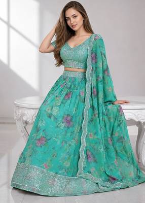 BLUE SEQUINS & EMBROIDERED DIGITAL PRINT ORGANZA FESTIVAL LEHENGA CHOLI SET 4