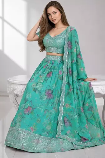 BLUE SEQUINS & EMBROIDERED DIGITAL PRINT ORGANZA FESTIVAL LEHENGA CHOLI SET
