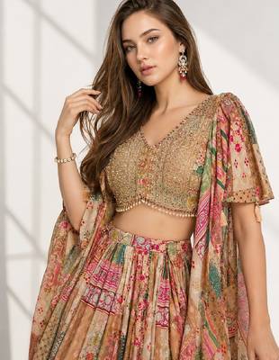 BEIGE SEQUINS & EMBROIDERED CHINNON FESTIVAL LEHENGA CHOLI SET 5