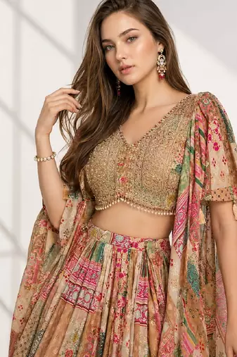 BEIGE SEQUINS & EMBROIDERED CHINNON FESTIVAL LEHENGA CHOLI SET
