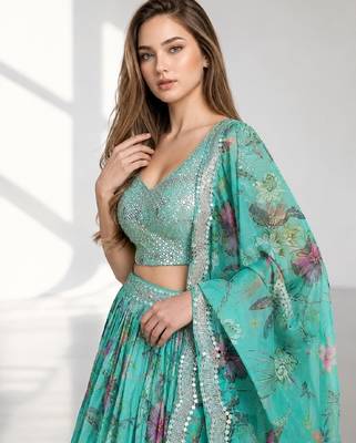 BLUE SEQUINS & EMBROIDERED DIGITAL PRINT ORGANZA FESTIVAL LEHENGA CHOLI SET 5
