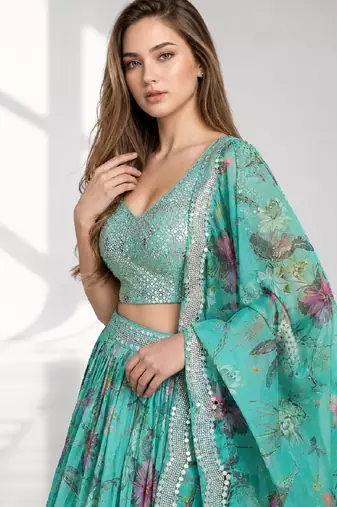 BLUE SEQUINS & EMBROIDERED DIGITAL PRINT ORGANZA FESTIVAL LEHENGA CHOLI SET
