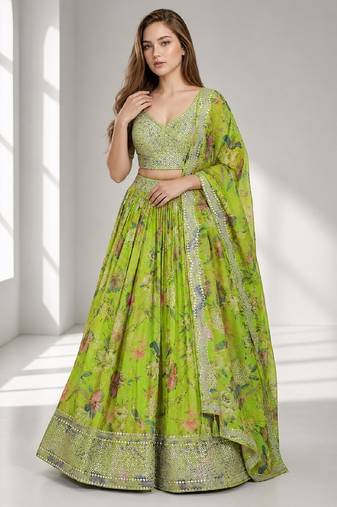 NEON SEQUINS & EMBROIDERED DIGITAL PRINT ORGANZA FESTIVAL LEHENGA CHOLI SET