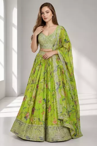 NEON SEQUINS & EMBROIDERED DIGITAL PRINT ORGANZA FESTIVAL LEHENGA CHOLI SET