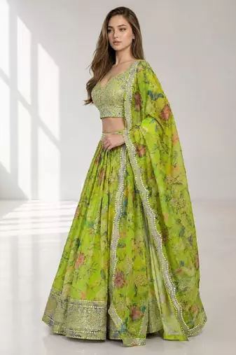 NEON SEQUINS & EMBROIDERED DIGITAL PRINT ORGANZA FESTIVAL LEHENGA CHOLI SET