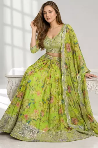 NEON SEQUINS & EMBROIDERED DIGITAL PRINT ORGANZA FESTIVAL LEHENGA CHOLI SET