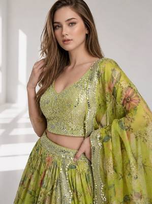 NEON SEQUINS & EMBROIDERED DIGITAL PRINT ORGANZA FESTIVAL LEHENGA CHOLI SET 5