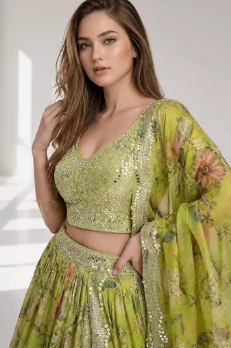 NEON SEQUINS & EMBROIDERED DIGITAL PRINT ORGANZA FESTIVAL LEHENGA CHOLI SET