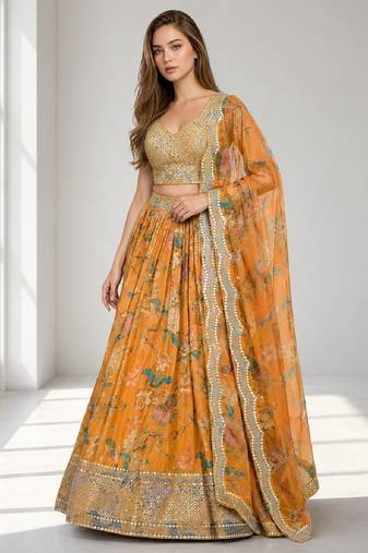 ORANGE SEQUINS & EMBROIDERED DIGITAL PRINT ORGANZA FESTIVAL LEHENGA CHOLI SET