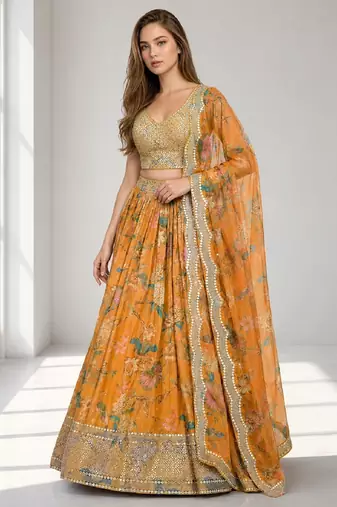 ORANGE SEQUINS & EMBROIDERED DIGITAL PRINT ORGANZA FESTIVAL LEHENGA CHOLI SET