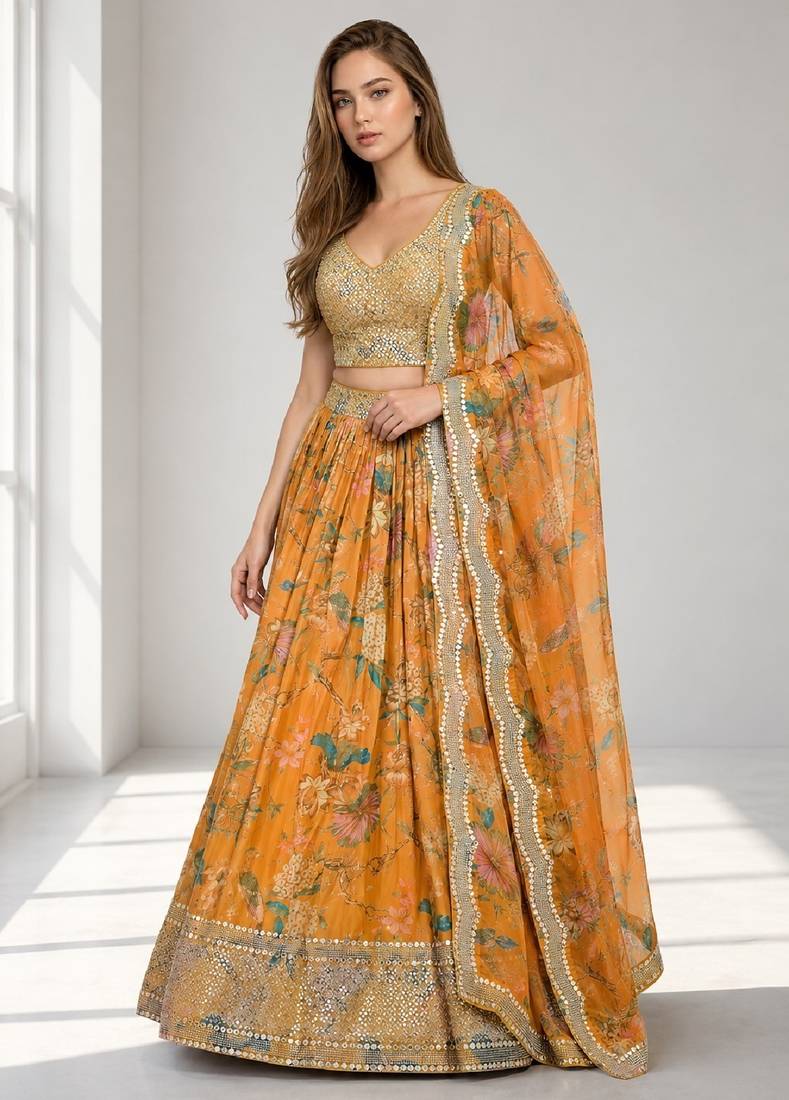 ORANGE SEQUINS & EMBROIDERED DIGITAL PRINT ORGANZA FESTIVAL LEHENGA CHOLI SET