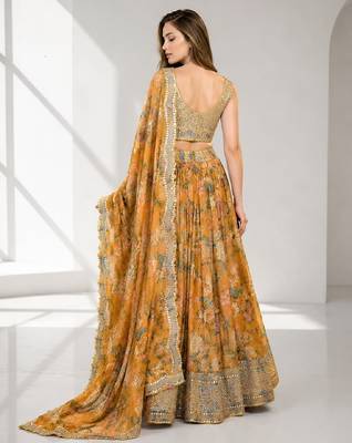 ORANGE SEQUINS & EMBROIDERED DIGITAL PRINT ORGANZA FESTIVAL LEHENGA CHOLI SET 2