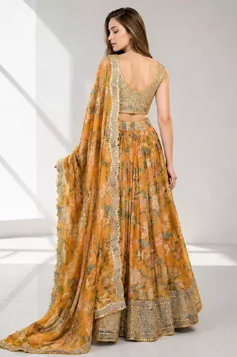 ORANGE SEQUINS & EMBROIDERED DIGITAL PRINT ORGANZA FESTIVAL LEHENGA CHOLI SET