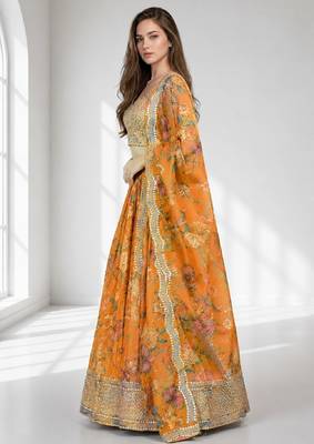 ORANGE SEQUINS & EMBROIDERED DIGITAL PRINT ORGANZA FESTIVAL LEHENGA CHOLI SET 3