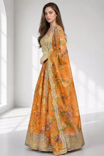 ORANGE SEQUINS & EMBROIDERED DIGITAL PRINT ORGANZA FESTIVAL LEHENGA CHOLI SET
