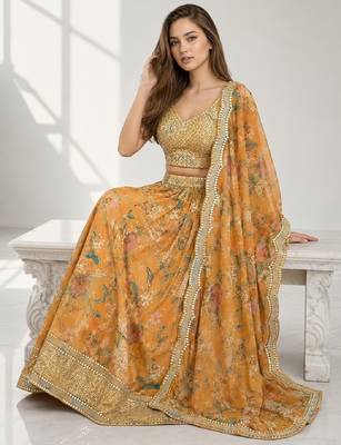 ORANGE SEQUINS & EMBROIDERED DIGITAL PRINT ORGANZA FESTIVAL LEHENGA CHOLI SET 4