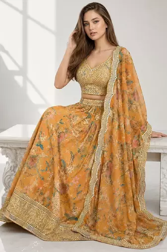 ORANGE SEQUINS & EMBROIDERED DIGITAL PRINT ORGANZA FESTIVAL LEHENGA CHOLI SET
