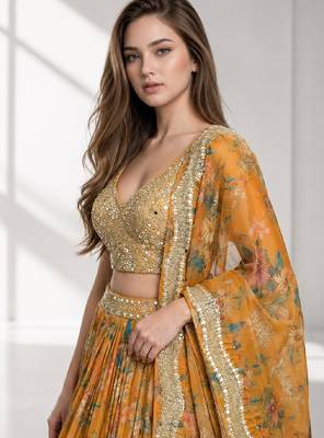 ORANGE SEQUINS & EMBROIDERED DIGITAL PRINT ORGANZA FESTIVAL LEHENGA CHOLI SET 5