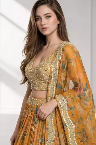 ORANGE SEQUINS & EMBROIDERED DIGITAL PRINT ORGANZA FESTIVAL LEHENGA CHOLI SET