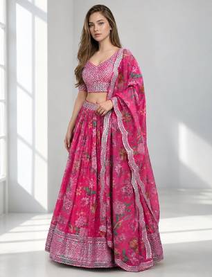 PINK SEQUINS & EMBROIDERED DIGITAL PRINT ORGANZA FESTIVAL LEHENGA CHOLI SET 1