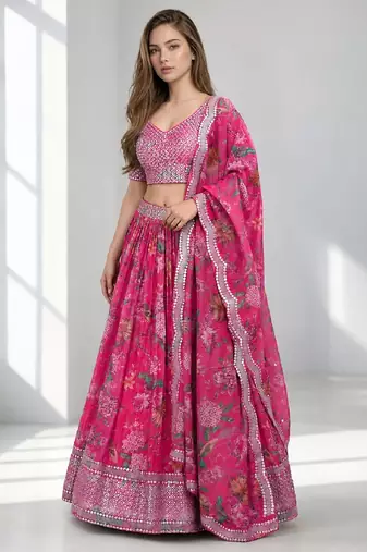 PINK SEQUINS & EMBROIDERED DIGITAL PRINT ORGANZA FESTIVAL LEHENGA CHOLI SET