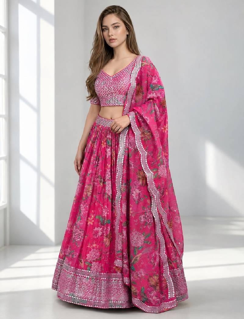 PINK SEQUINS & EMBROIDERED DIGITAL PRINT ORGANZA FESTIVAL LEHENGA CHOLI SET