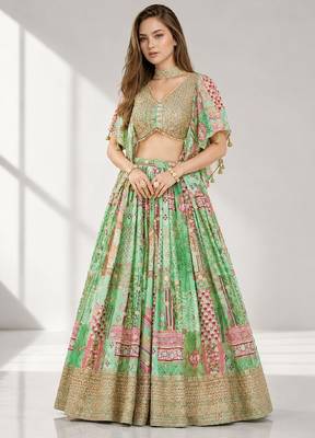 GREEN SEQUINS & EMBROIDERED CHINNON FESTIVAL LEHENGA CHOLI SET 1
