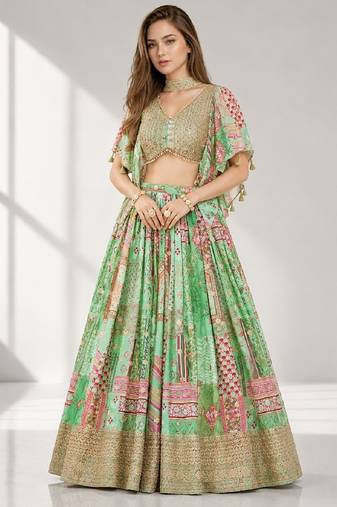 GREEN SEQUINS & EMBROIDERED CHINNON FESTIVAL LEHENGA CHOLI SET