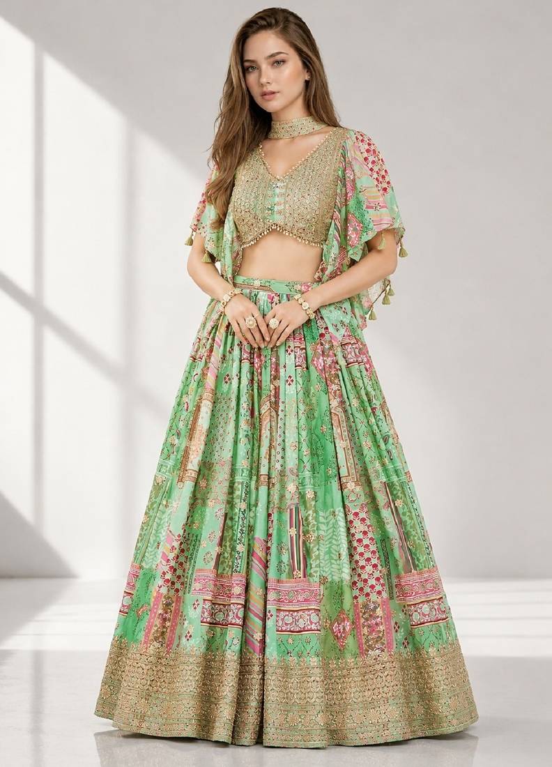 GREEN SEQUINS & EMBROIDERED CHINNON FESTIVAL LEHENGA CHOLI SET