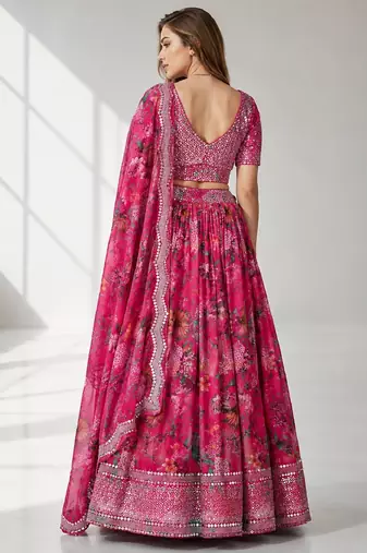 PINK SEQUINS & EMBROIDERED DIGITAL PRINT ORGANZA FESTIVAL LEHENGA CHOLI SET