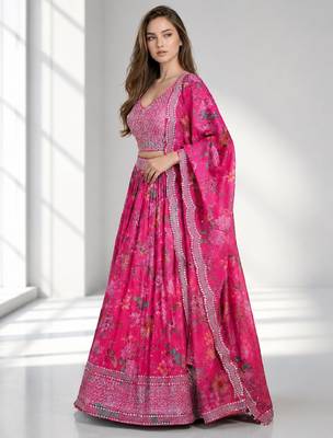 PINK SEQUINS & EMBROIDERED DIGITAL PRINT ORGANZA FESTIVAL LEHENGA CHOLI SET 3