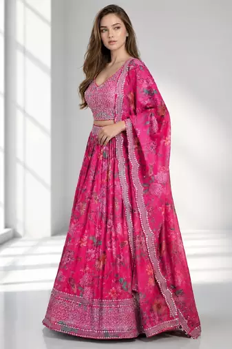 PINK SEQUINS & EMBROIDERED DIGITAL PRINT ORGANZA FESTIVAL LEHENGA CHOLI SET