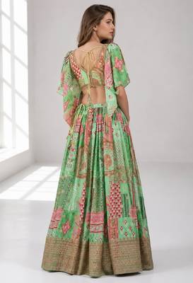 GREEN SEQUINS & EMBROIDERED CHINNON FESTIVAL LEHENGA CHOLI SET 2