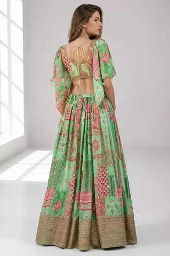 GREEN SEQUINS & EMBROIDERED CHINNON FESTIVAL LEHENGA CHOLI SET