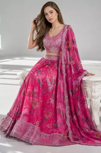 PINK SEQUINS & EMBROIDERED DIGITAL PRINT ORGANZA FESTIVAL LEHENGA CHOLI SET