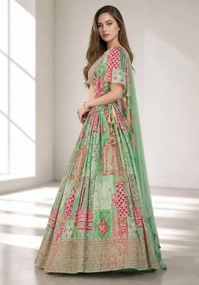GREEN SEQUINS & EMBROIDERED CHINNON FESTIVAL LEHENGA CHOLI SET 3