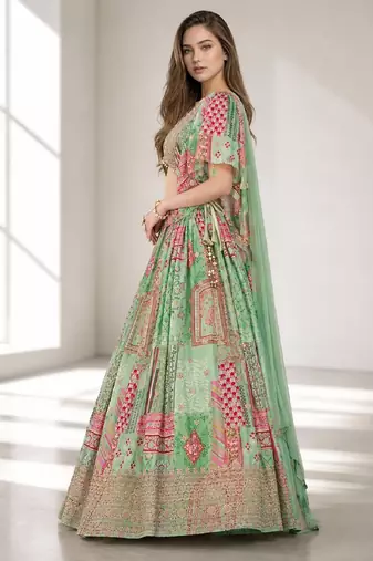 GREEN SEQUINS & EMBROIDERED CHINNON FESTIVAL LEHENGA CHOLI SET